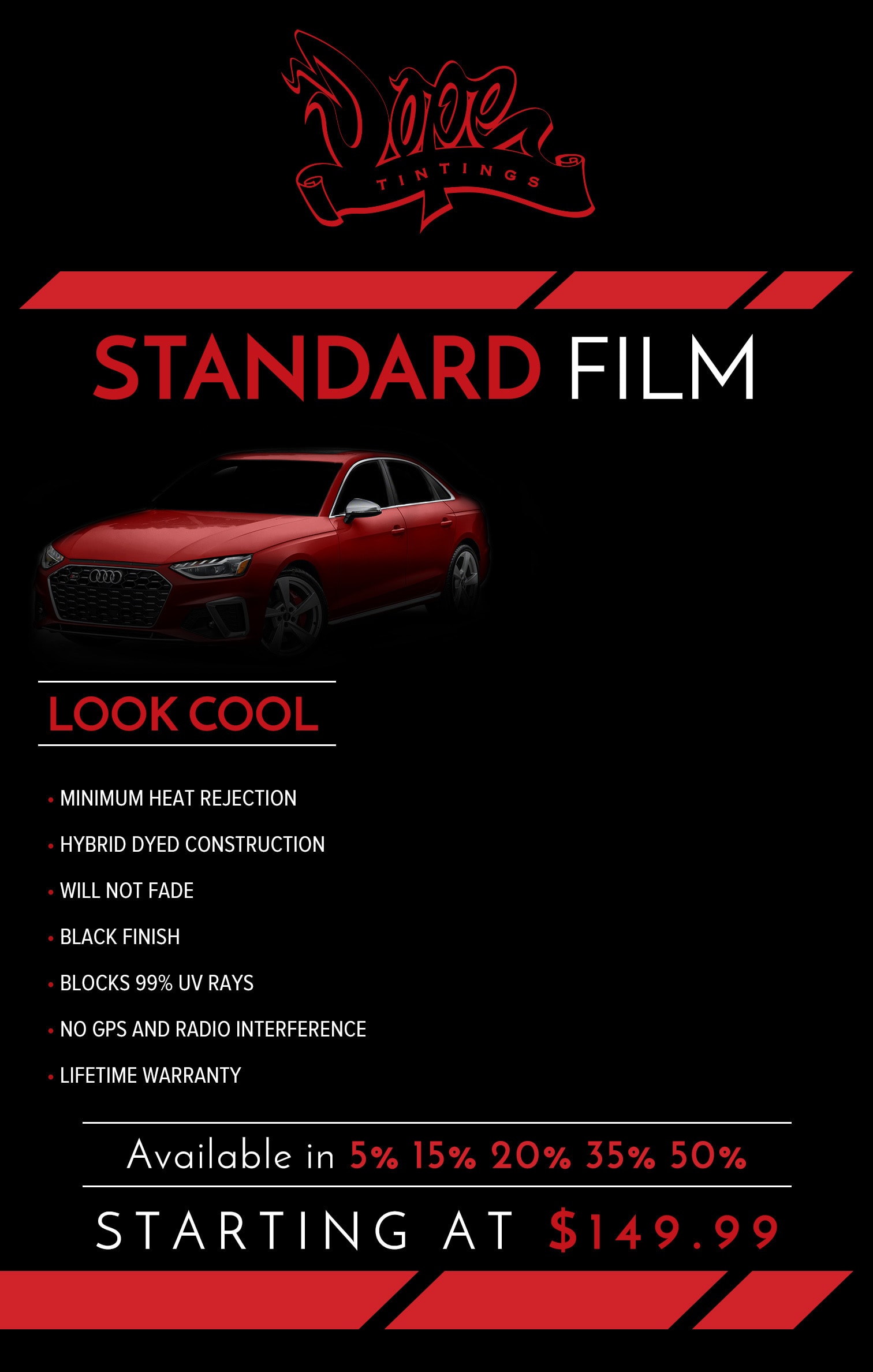 Standard Film Prices at Dope Window Tinting in Pennsauken, NJ.
